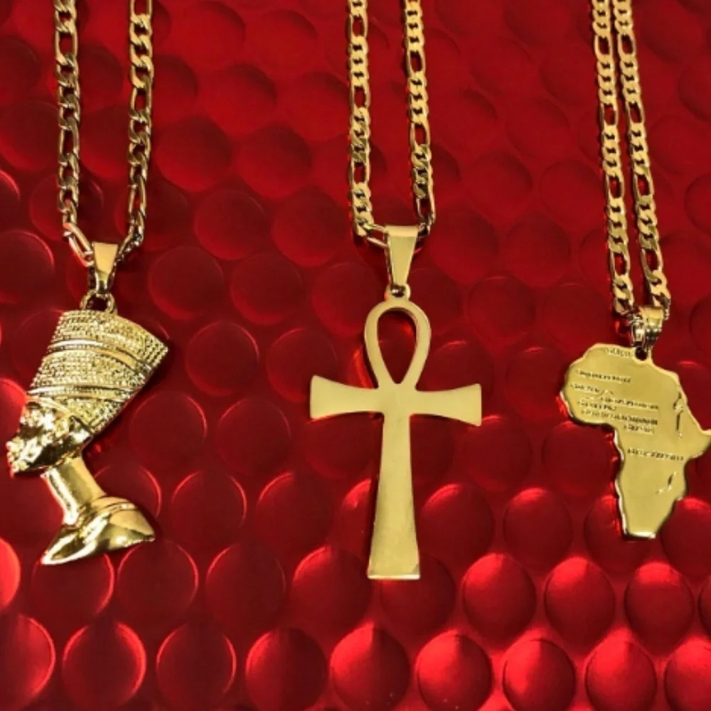 3 piece SET Ankh necklace , mini africa necklace and Nefertiti